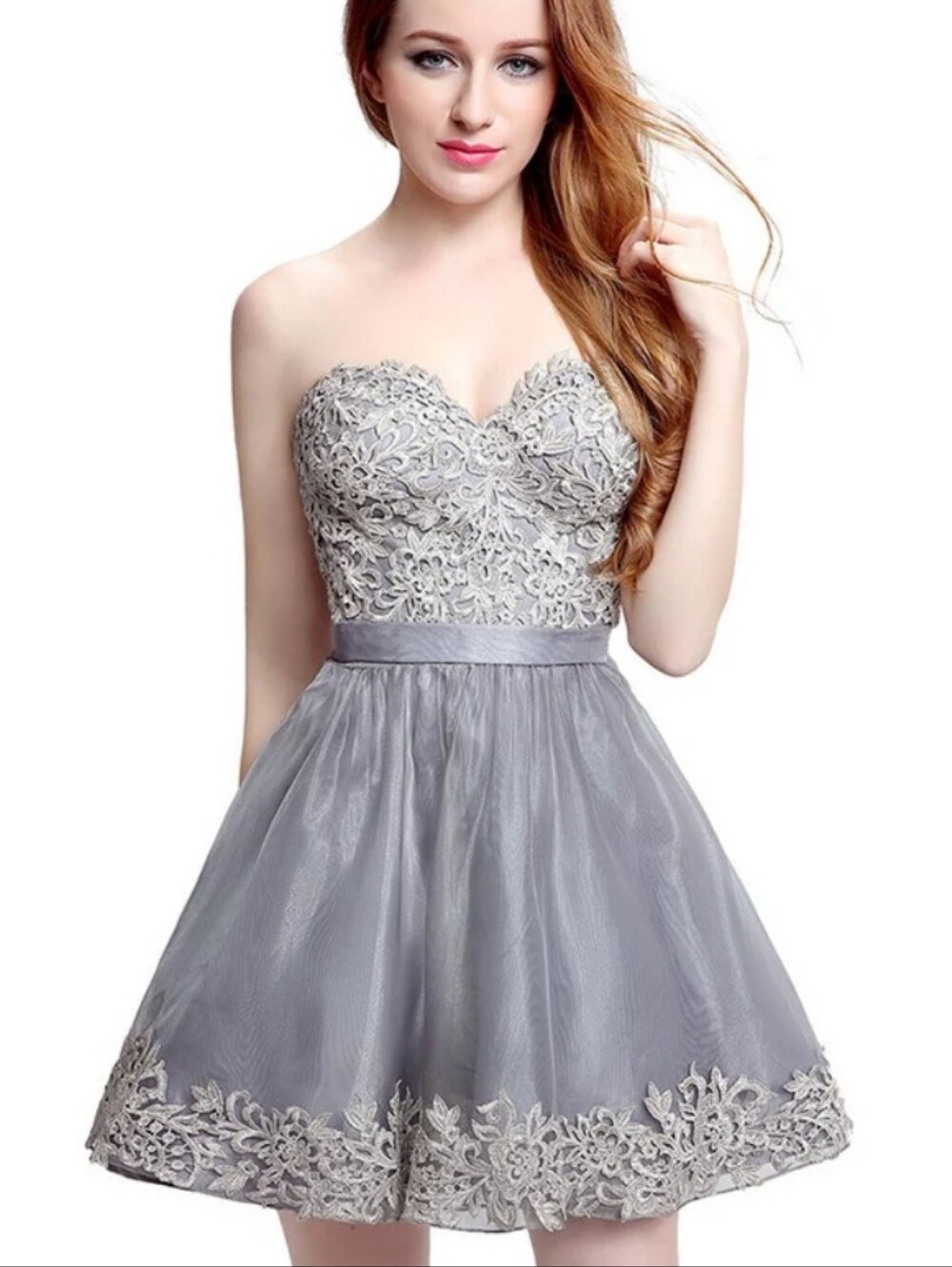 La Femme Strapless Lace Cocktail Dress Size 12 Gray Silver Embroidered Formal